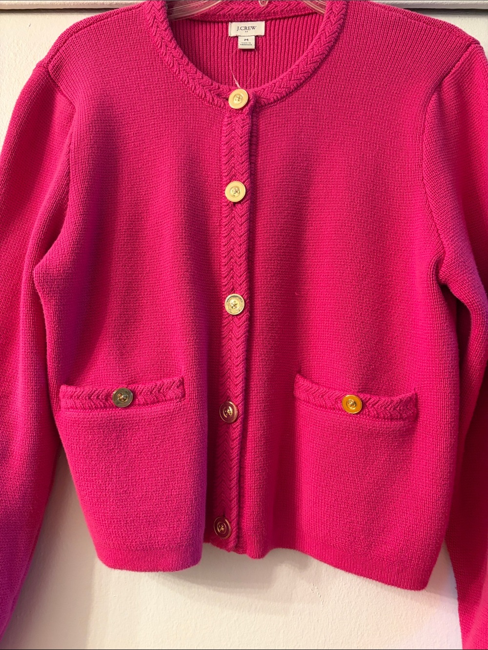 J. Crew Bright Hot Pink Knit Cardigan with Gold Buttons